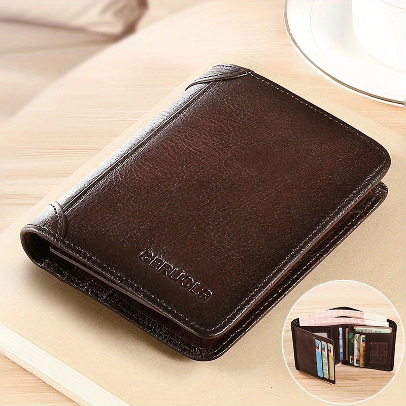 (image for) Ekphero Men's Wallet Genuine Leather RFID Blocking Short Wallet Vintage Thin Multi Function ID Credit Card Holder Flip-flop Male Money Purse
